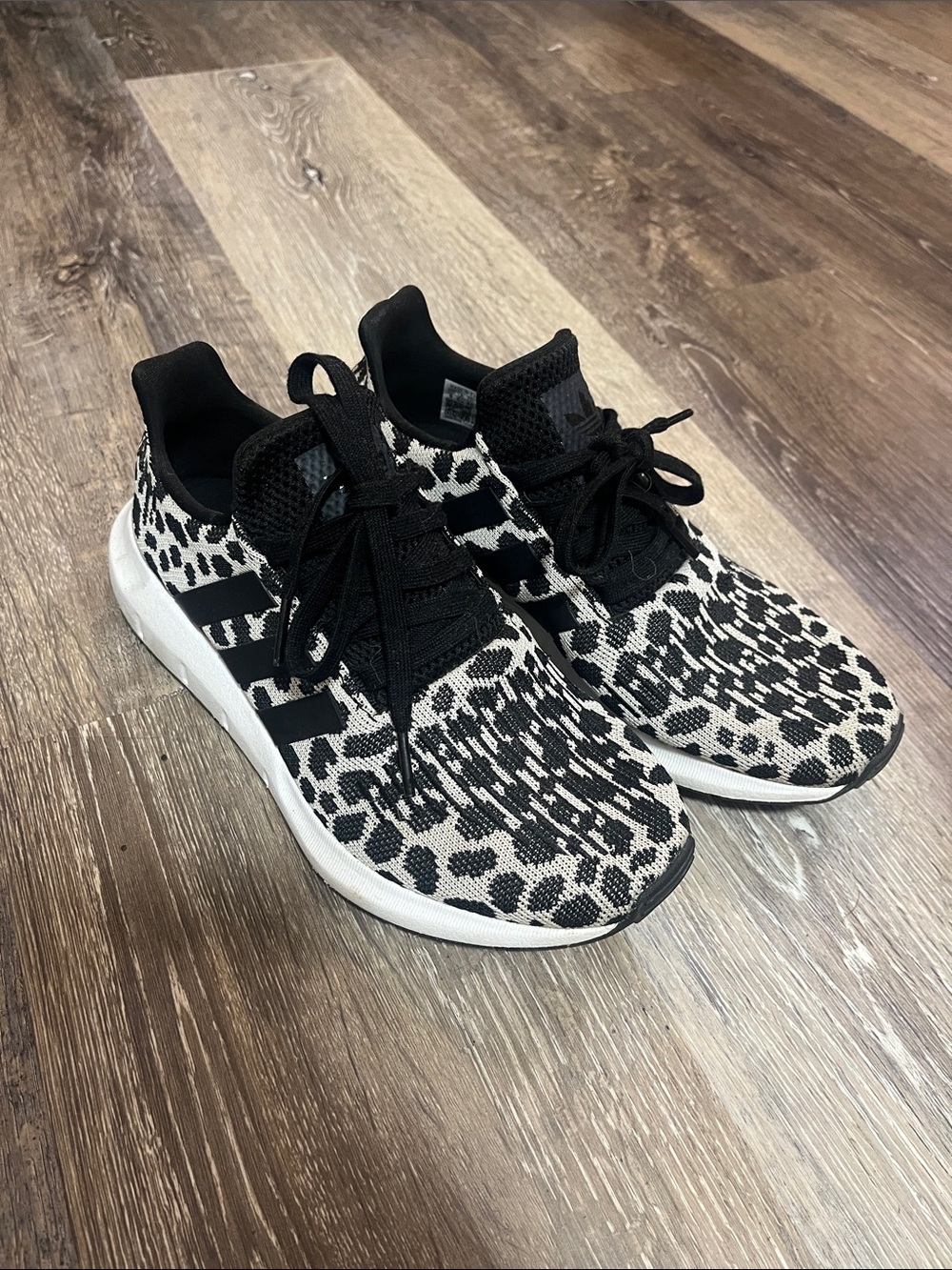adidas Black & White Leopard-Pattern Knit Sneakers